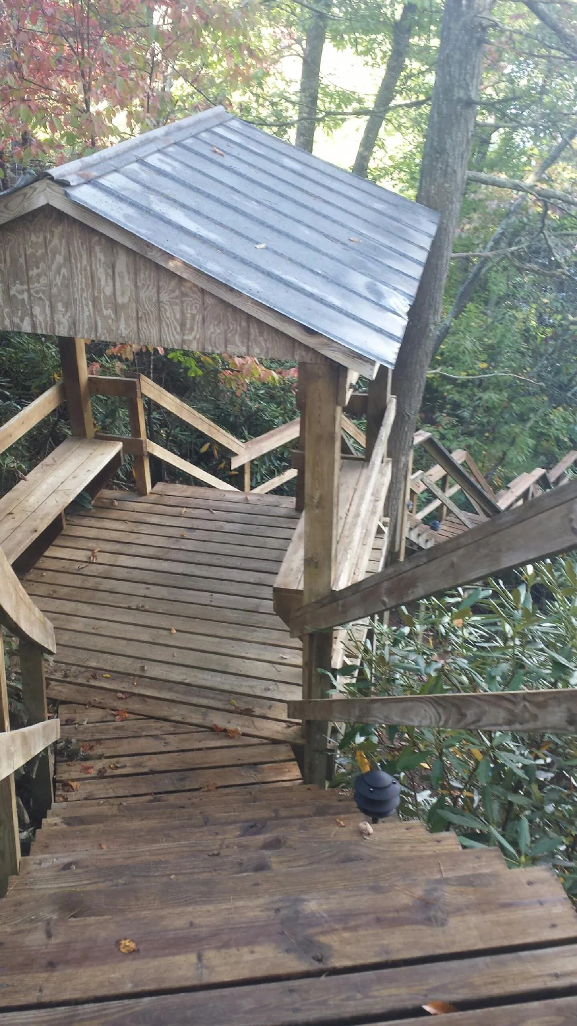 Metal roofed shelter over wooden steps on a wooded walkway — Skylight Repair & Installation work by our crew in Saint Clair